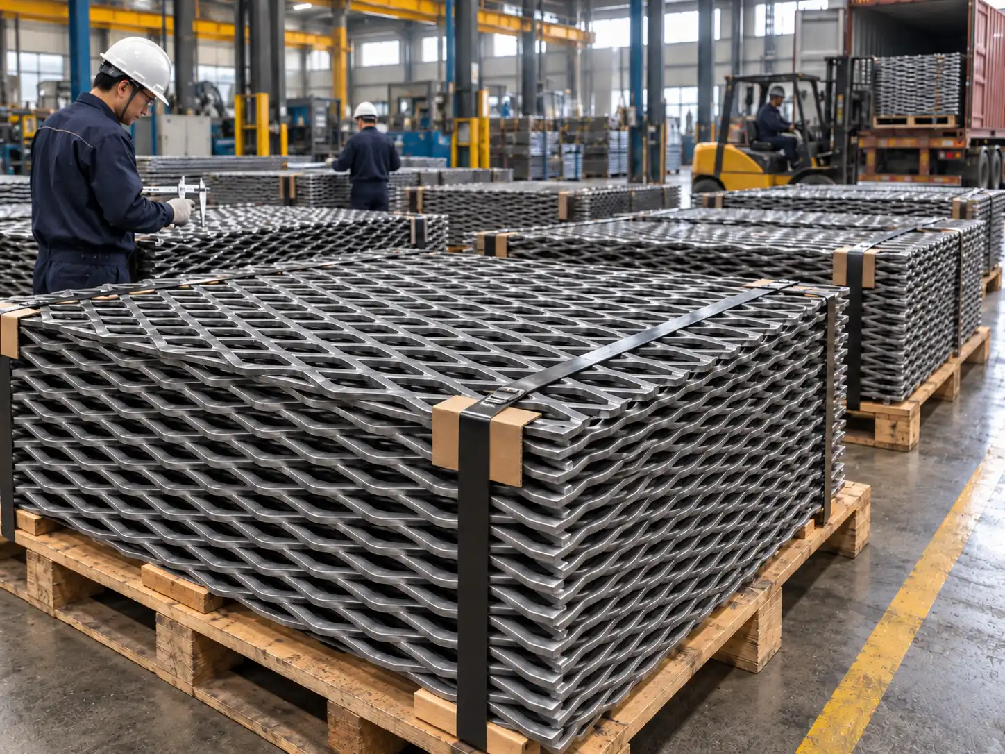 Heavy-duty expanded metal panels being inspected and prepared for secure export packing