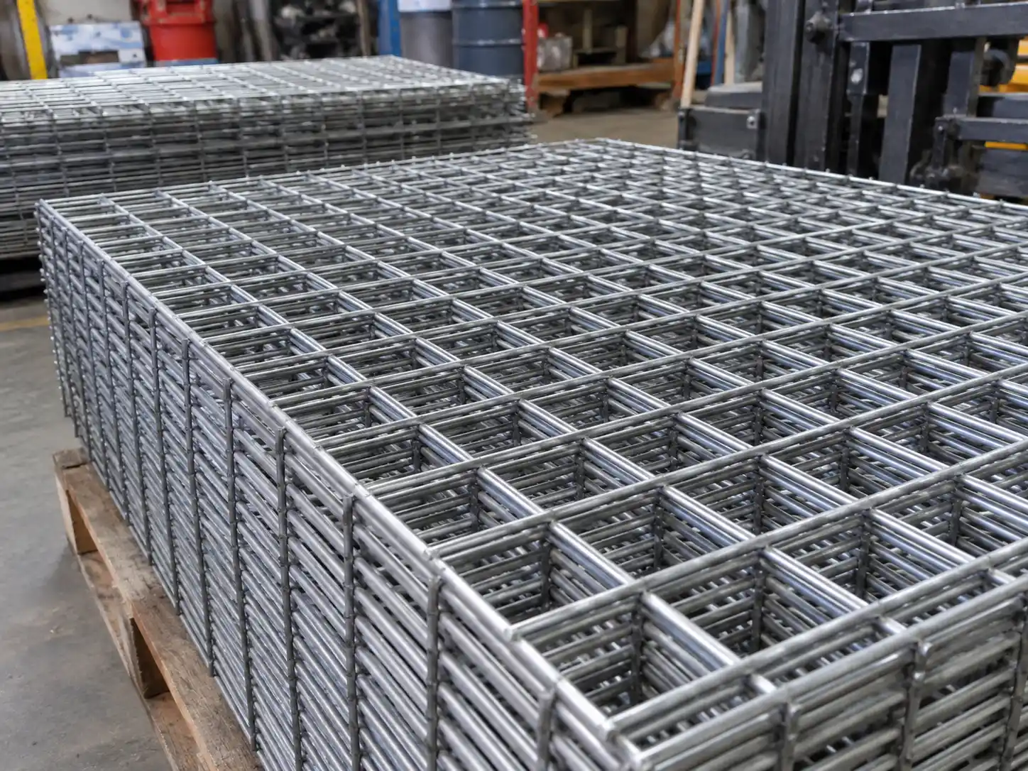 Heavy-duty welded wire mesh panels with thicker wires and rigid grid construction stacked on pallets