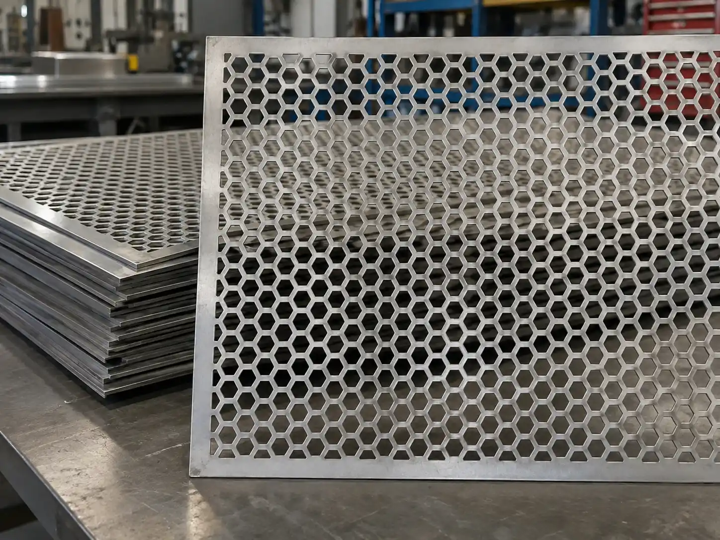 Hexagonal Perforated Metal Hexagonal perforated metal sheet with repeating honeycomb-style openings for screening and decorative applications