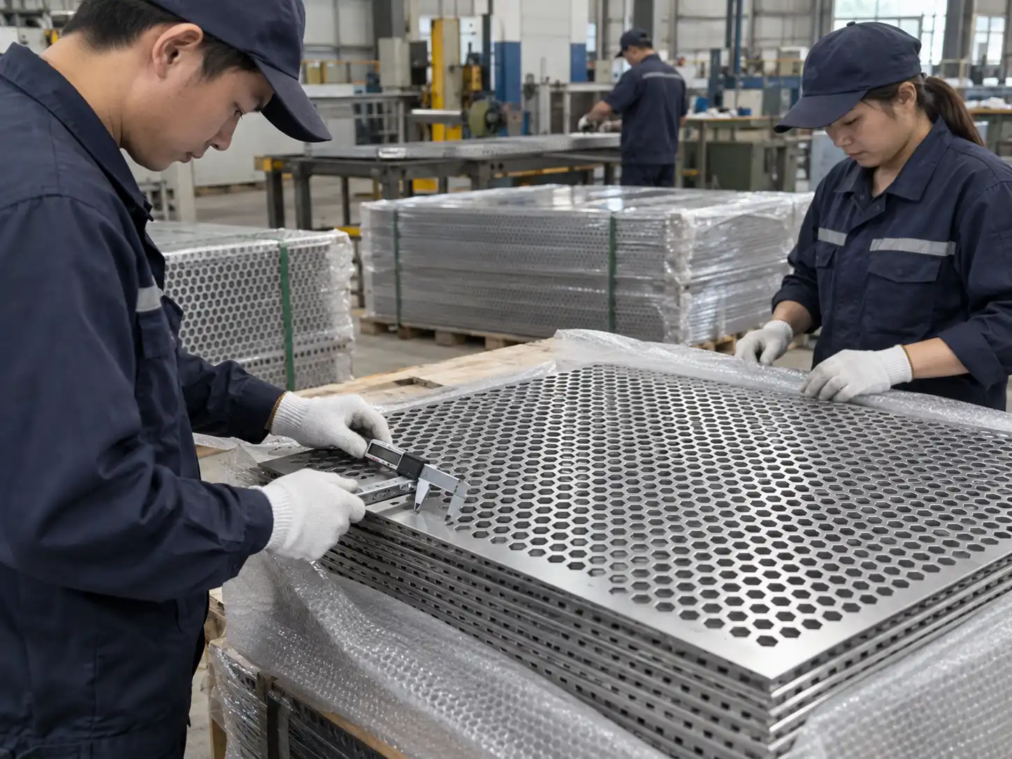 Hexagonal Perforated Metal Quality Inspection Hexagonal perforated metal sheets being inspected for hole alignment, dimensions and surface quality before packing