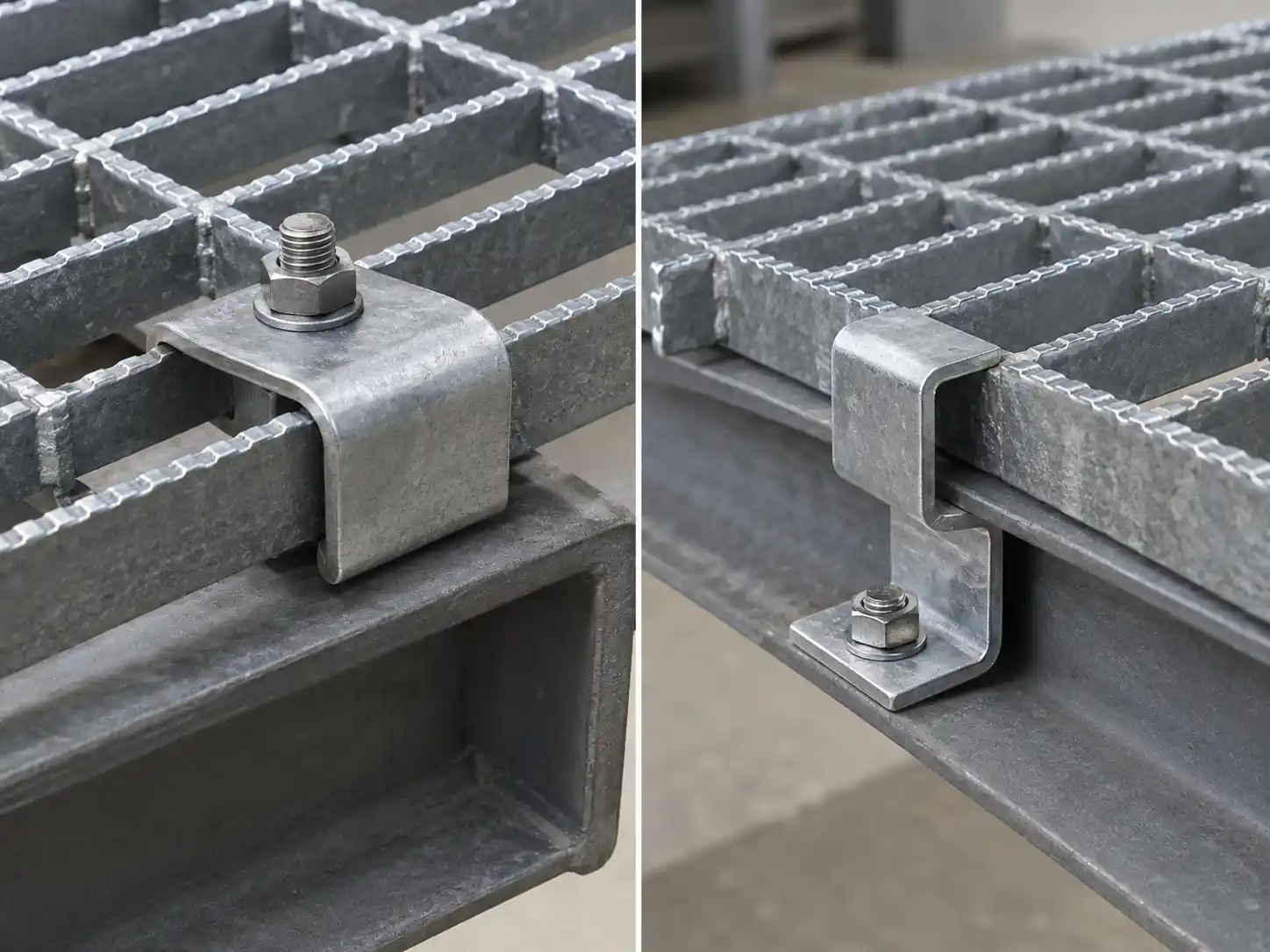 Hold-Down & Z Clips Galvanized hold-down and Z-style grating clips used to secure bar grating panels while allowing removable installation