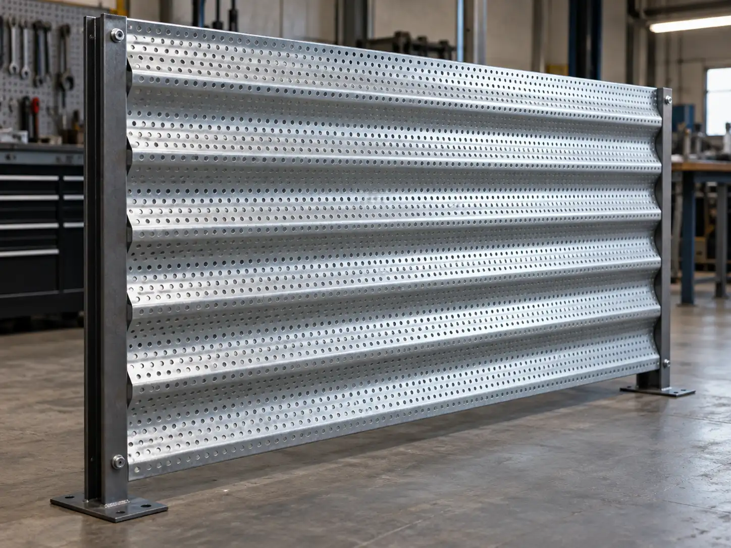 Increased Rigidity Corrugated Perforated Metal Corrugated perforated metal panel with a profiled rib structure designed to improve rigidity and reduce flexing