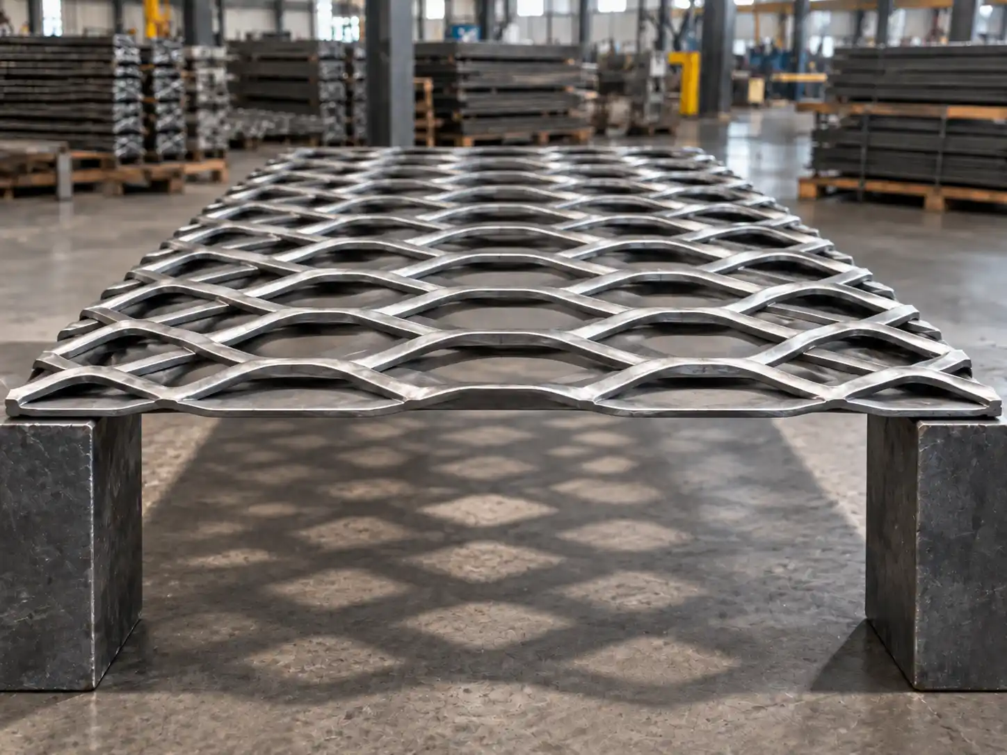 Raised expanded metal panel with angled strand geometry for improved rigidity and structural strength