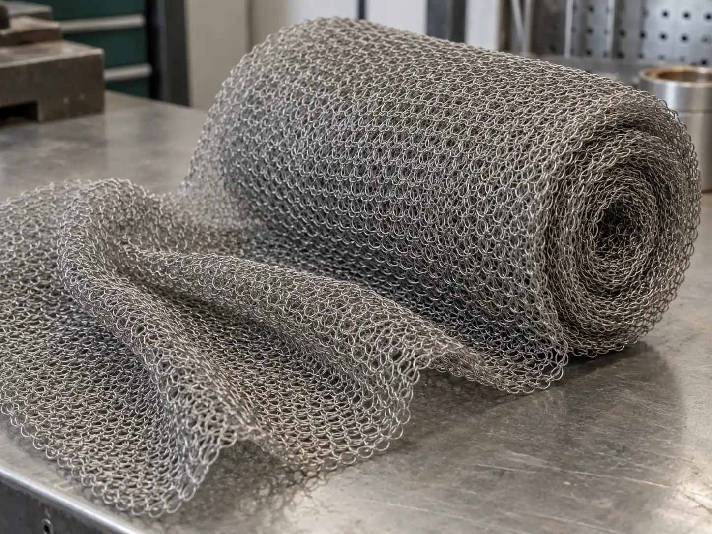 Knitted Wire Mesh Knitted wire mesh roll with a flexible looped wire structure for filtration and mist elimination