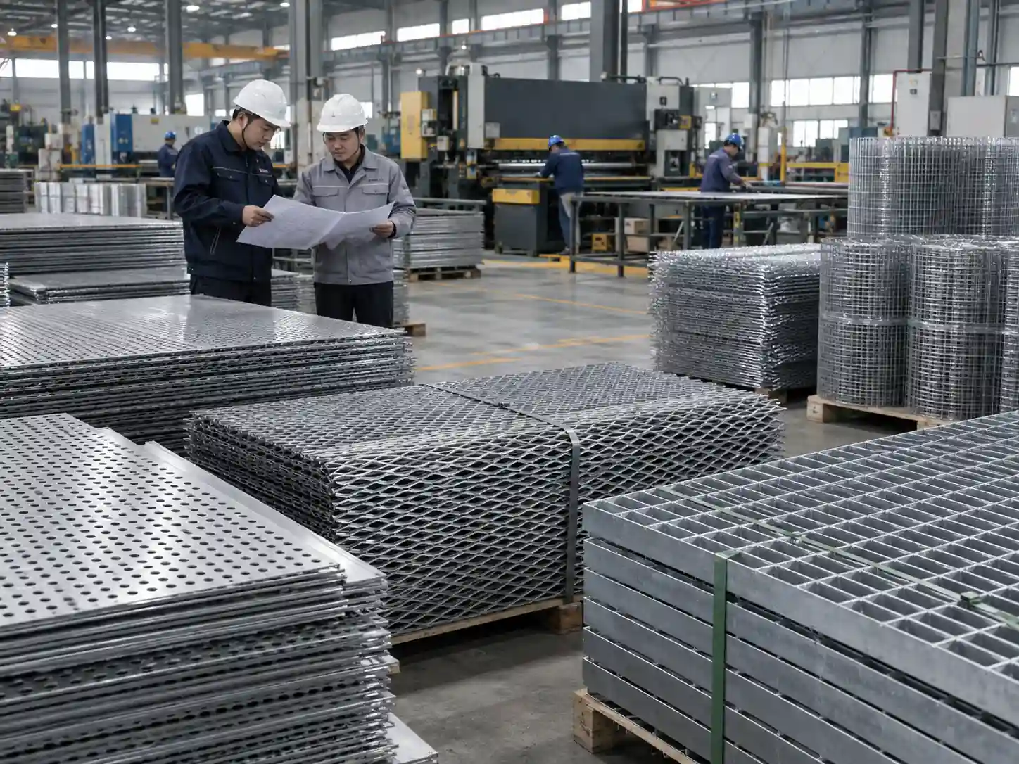 Metal mesh factory with expanded metal, perforated metal, wire mesh, bar grating, and engineers reviewing production drawings