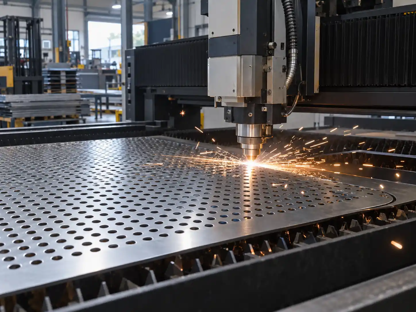 CNC laser cutting machine processing perforated metal sheets to custom sizes and shapes