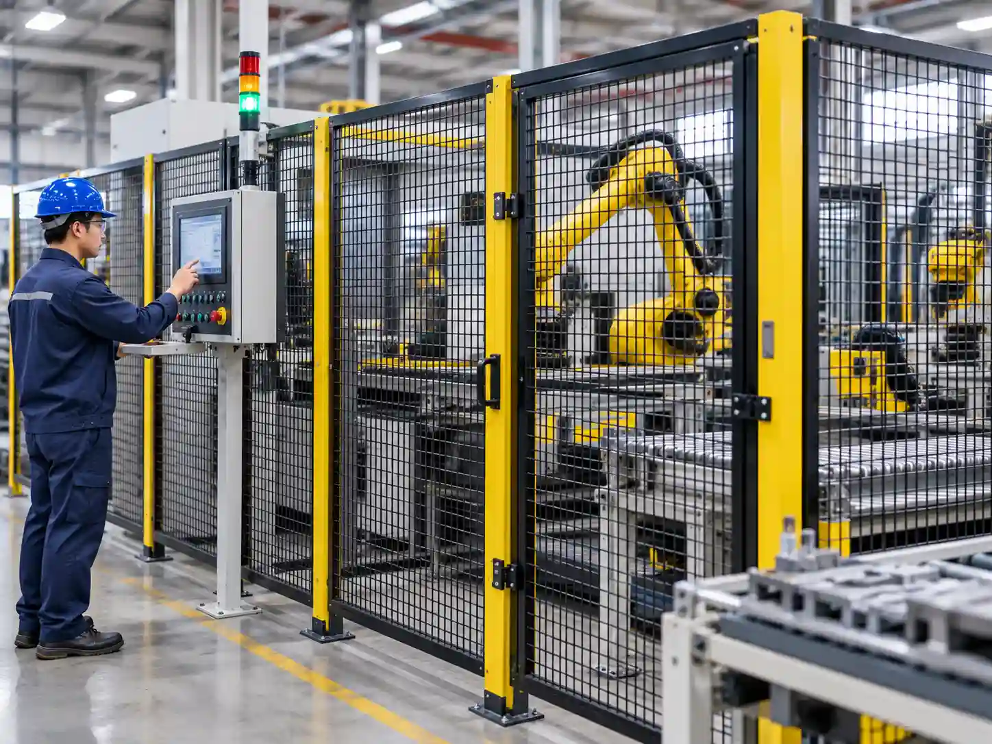 Industrial robot cell enclosed with metal mesh safety guarding in a factory