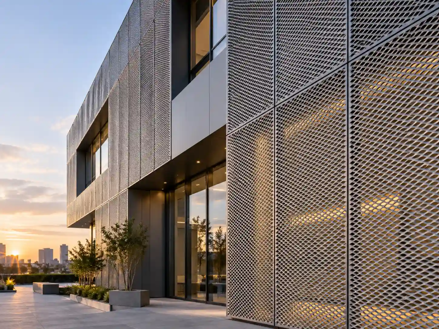 Modern building exterior featuring expanded metal facade panels for architectural cladding
