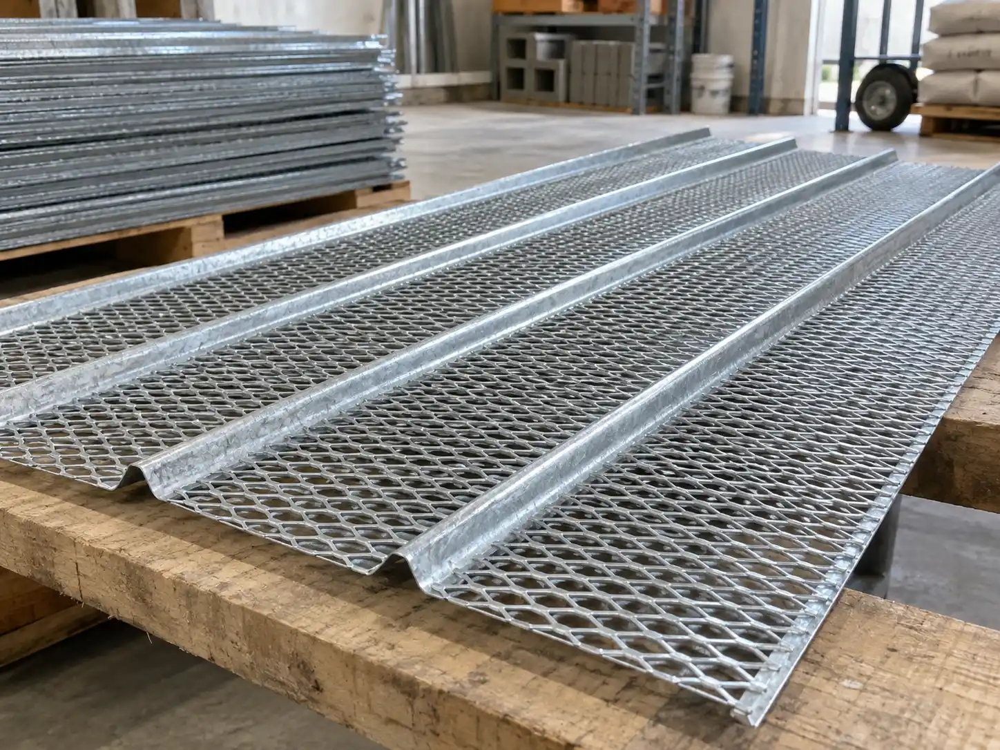 Galvanized metal rib lath with longitudinal reinforcing ribs for ceilings, partitions and plaster support