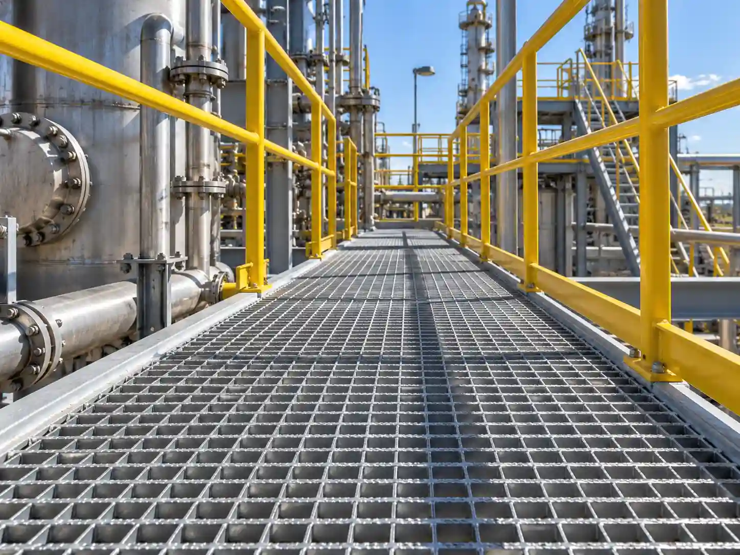 Galvanized bar grating walkway with yellow handrails in an industrial plant