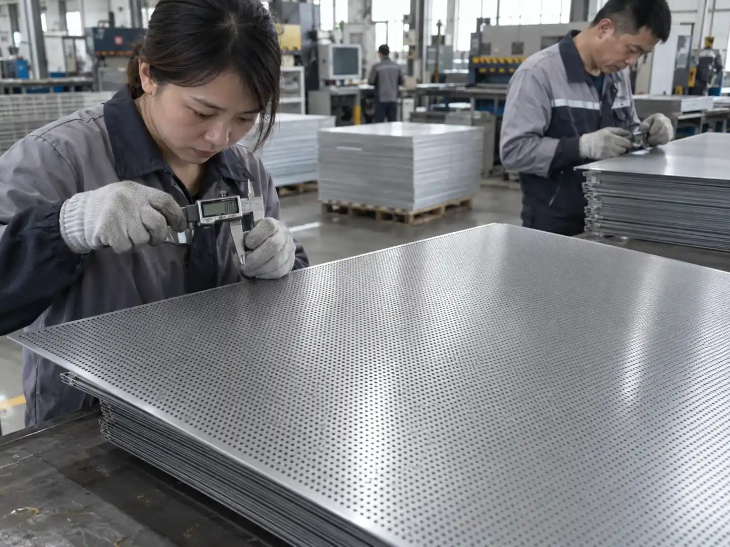Micro-Perforated Metal Quality Inspection Micro-perforated metal sheets being inspected for hole size, spacing and surface quality in a factory