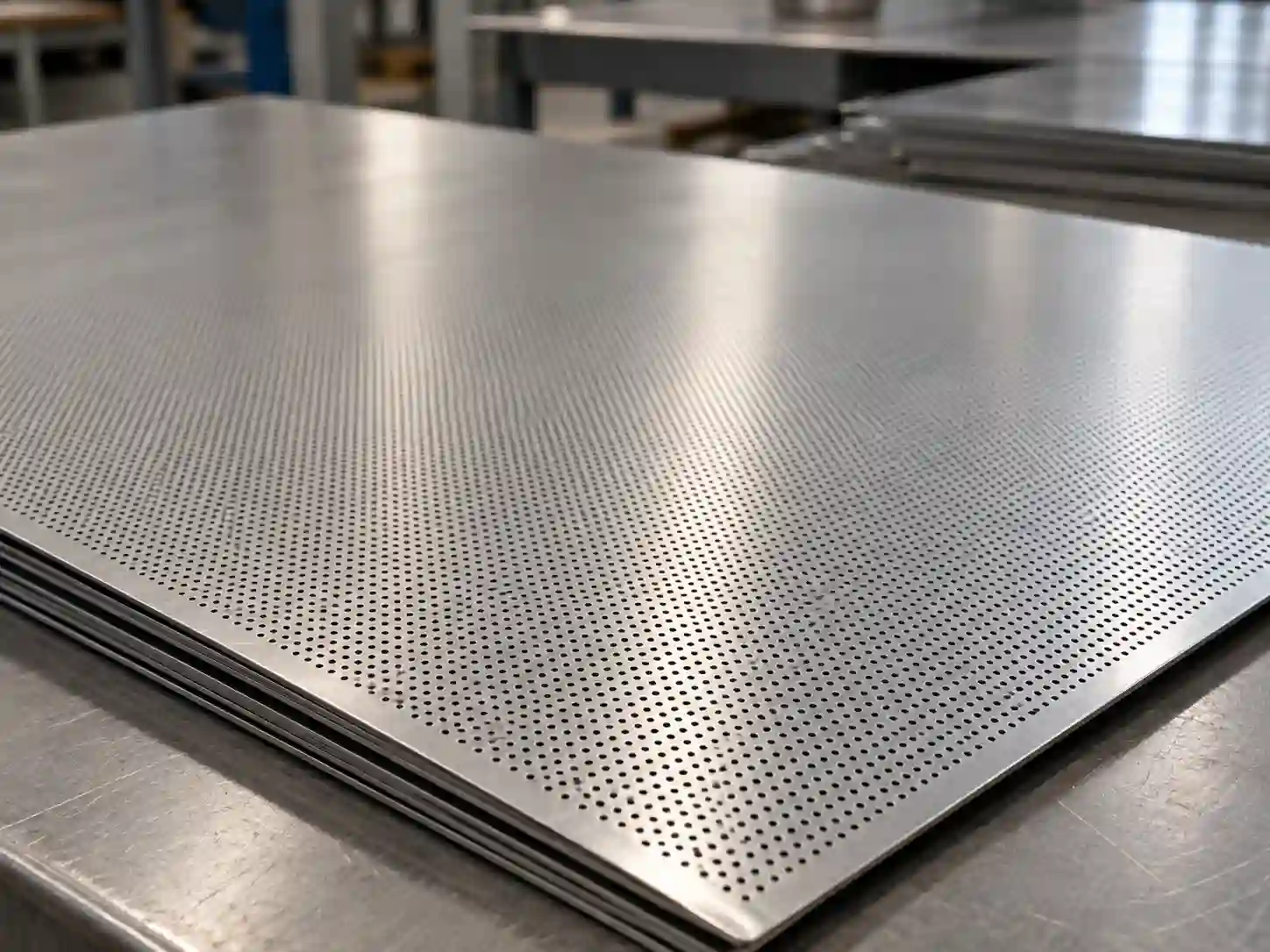 Stainless steel sheet with dense micro perforation pattern on a workshop table