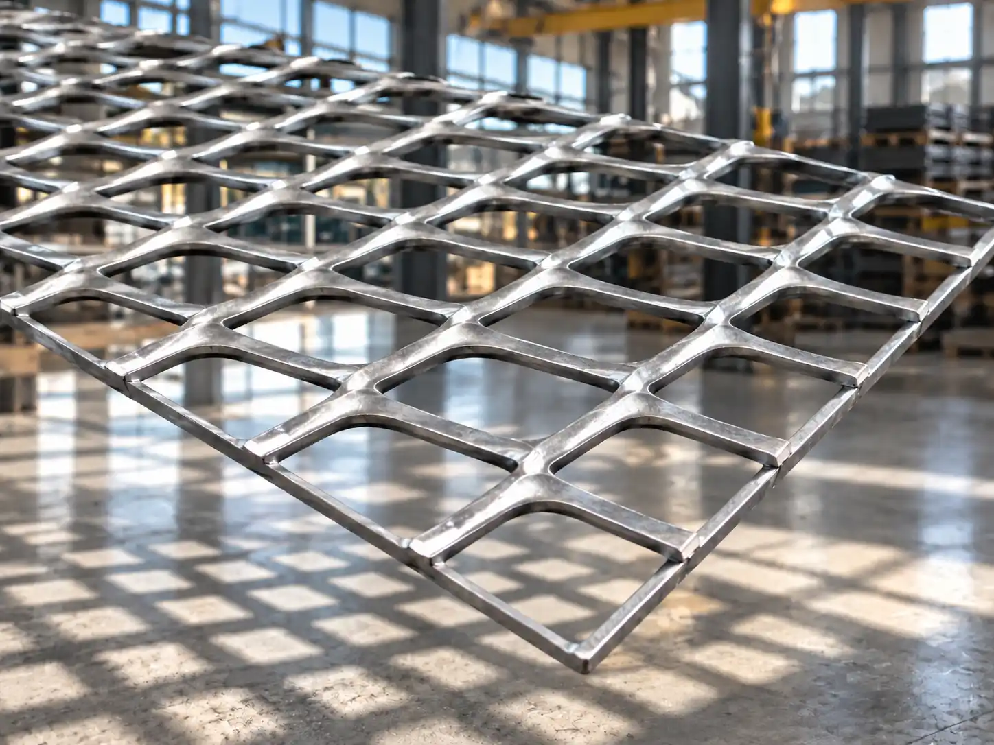 Raised expanded metal panel with open diamond mesh for airflow, light transmission and drainage