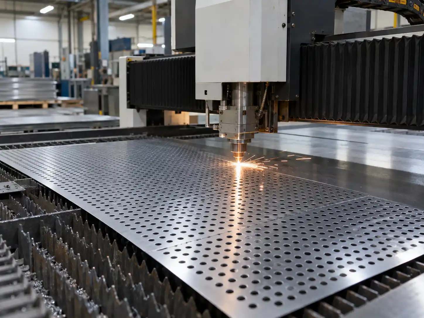 Perforated Metal Cutting and Sizing CNC laser cutting machine processing perforated metal sheets to custom sizes and shapes