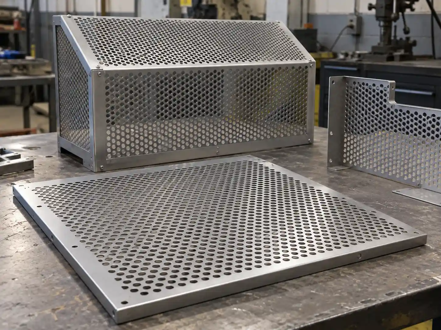 Fabricated perforated metal mesh components with controlled openings for screening and equipment protection