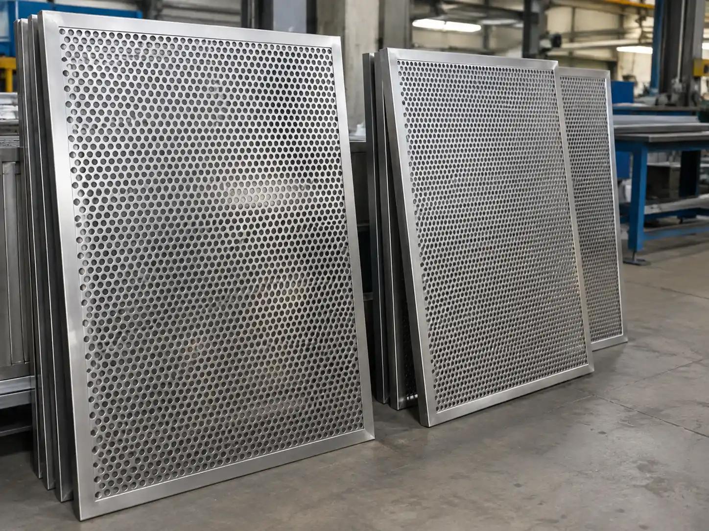 Perforated Metal Panels Framed perforated metal panels prepared for architectural and industrial installation