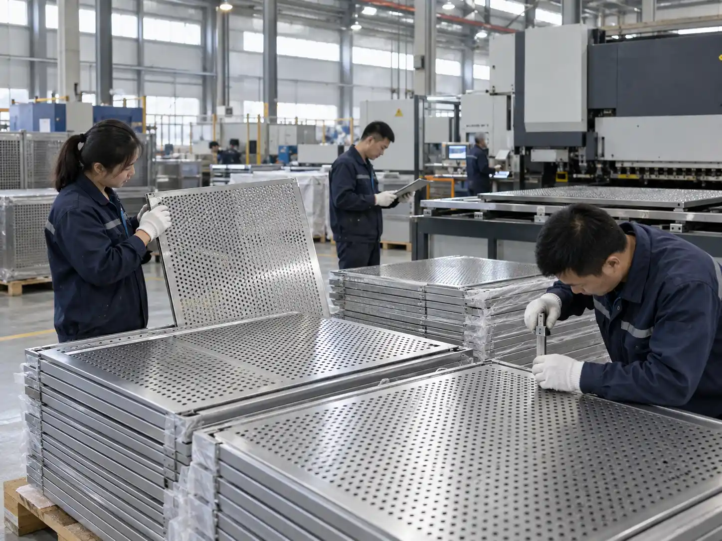 Perforated Metal Quality Inspection Perforated metal panels being inspected for hole pattern, dimensions, surface quality and fabrication accuracy before packing