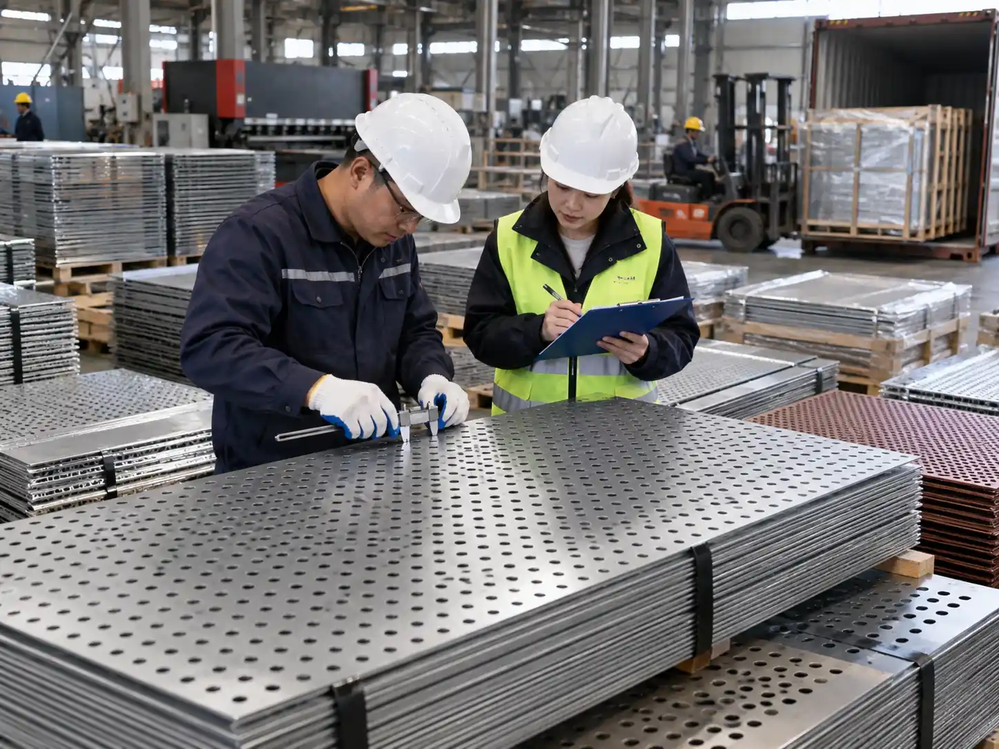 Perforated metal sheets being inspected for hole size, dimensions and surface quality before shipment
