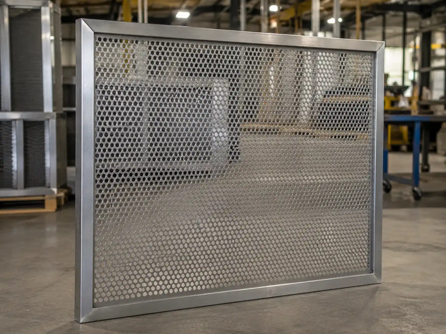 Perforated Metal Screen Framed perforated metal screen panel for ventilation, screening and equipment protection