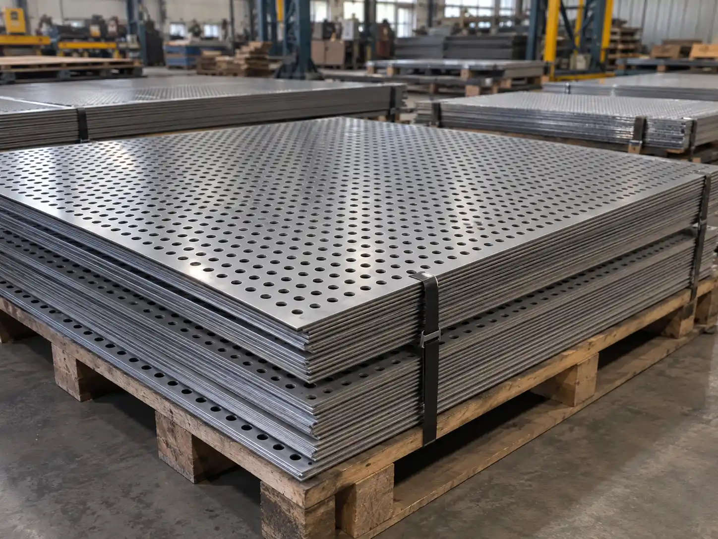 Perforated Metal Sheet Perforated metal sheets stacked on pallets in an industrial workshop for custom fabrication