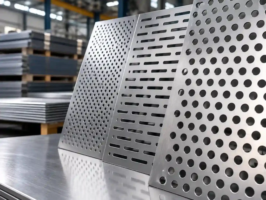 Perforated metal sheets with round and slotted hole patterns displayed in a modern workshop