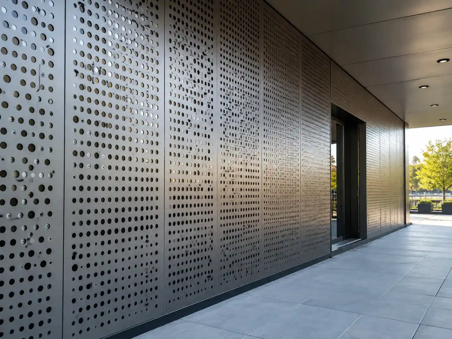 Perforated Metal Wall Panels Perforated metal wall panels installed along a modern commercial building corridor