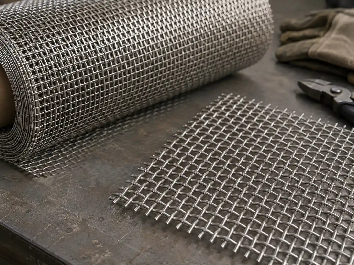 Plain weave wire mesh with alternating over-and-under wire pattern and uniform square openings