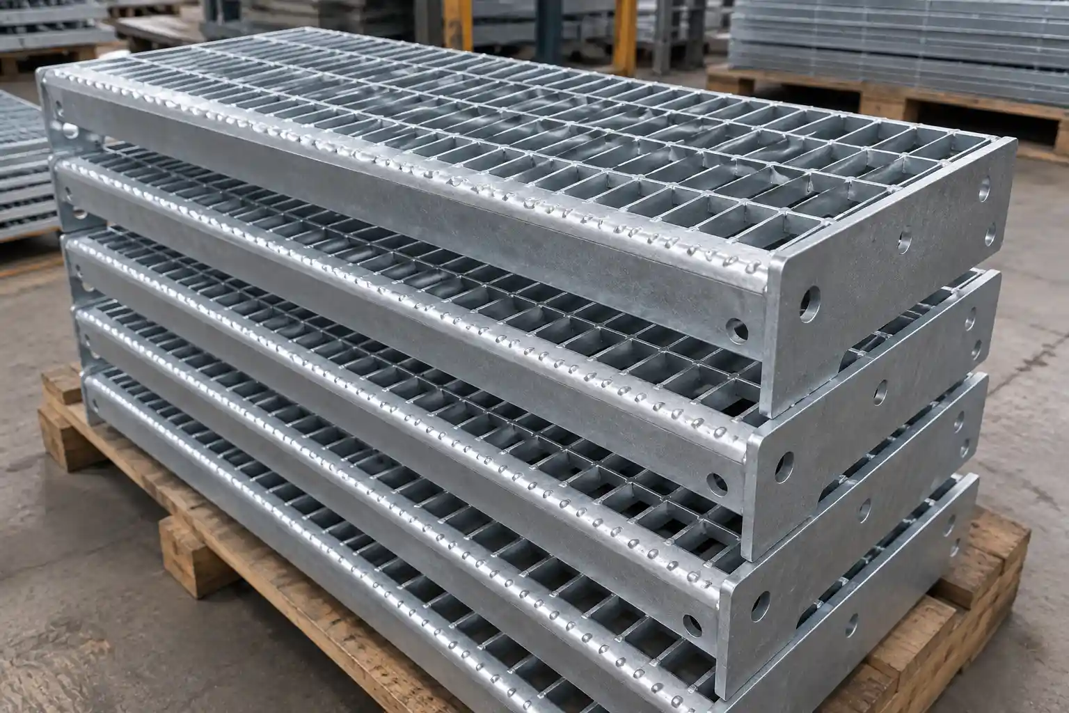 Press-locked bar grating stair treads with clean uniform grid construction, side plates and mounting holes