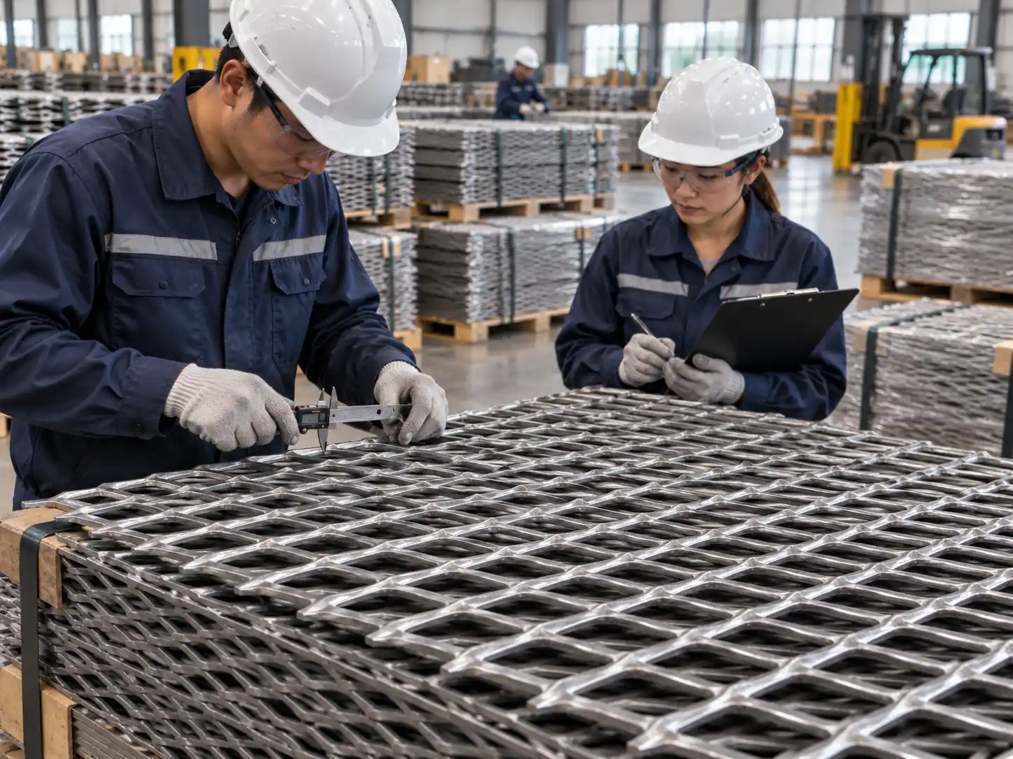 Raised expanded metal panels being inspected for mesh dimensions, consistency and fabrication quality