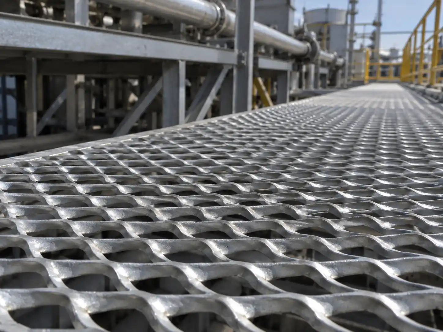 Raised Expanded Metal Raised expanded metal with a three-dimensional strand profile for improved rigidity and traction