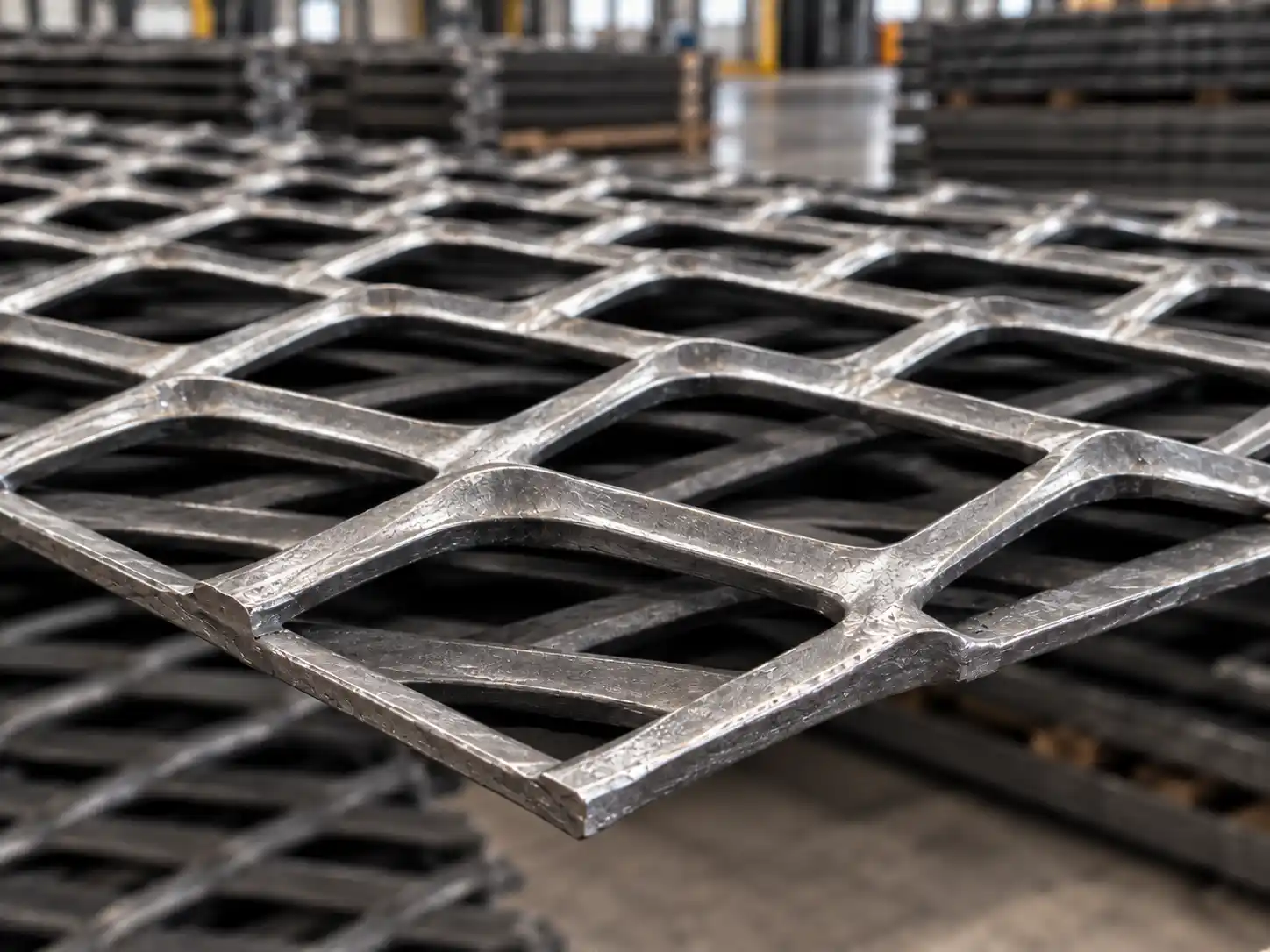 Raised expanded metal with elevated strands forming a textured three-dimensional mesh surface
