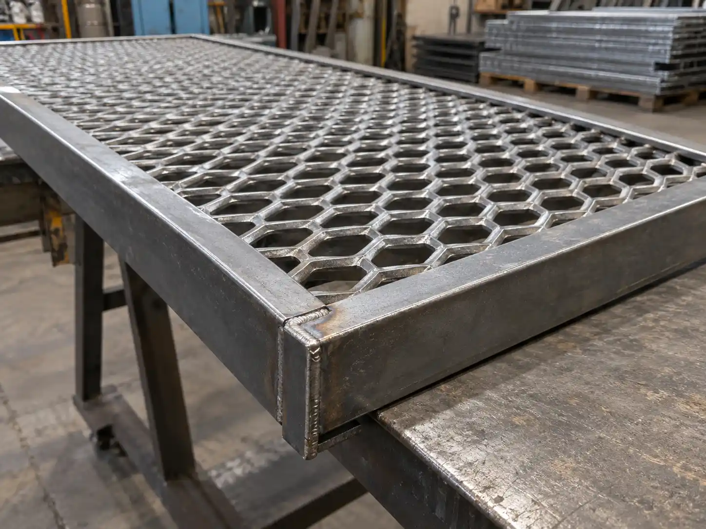 Reinforced Edge Expanded Metal Grating Expanded metal grating panel with reinforced steel edge for greater perimeter strength and stability