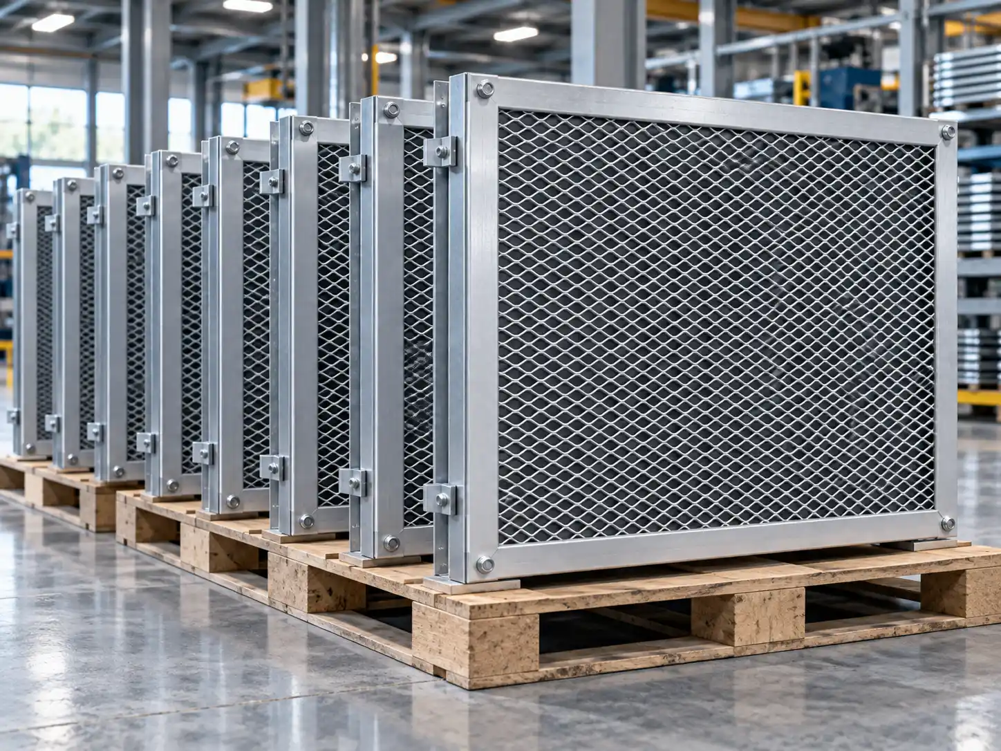 Repeat Production Expanded Metal Screens Multiple matching expanded metal screen panels arranged on pallets for consistent repeat production