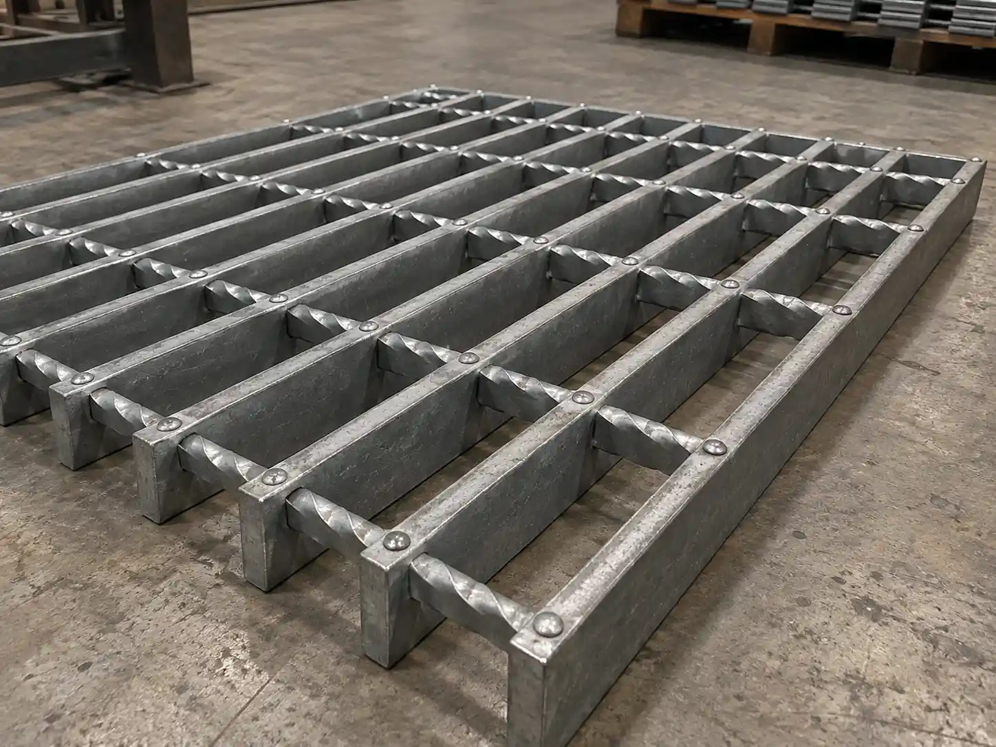 Riveted Bar Grating Riveted bar grating with bearing bars connected by crimped cross members and riveted joints