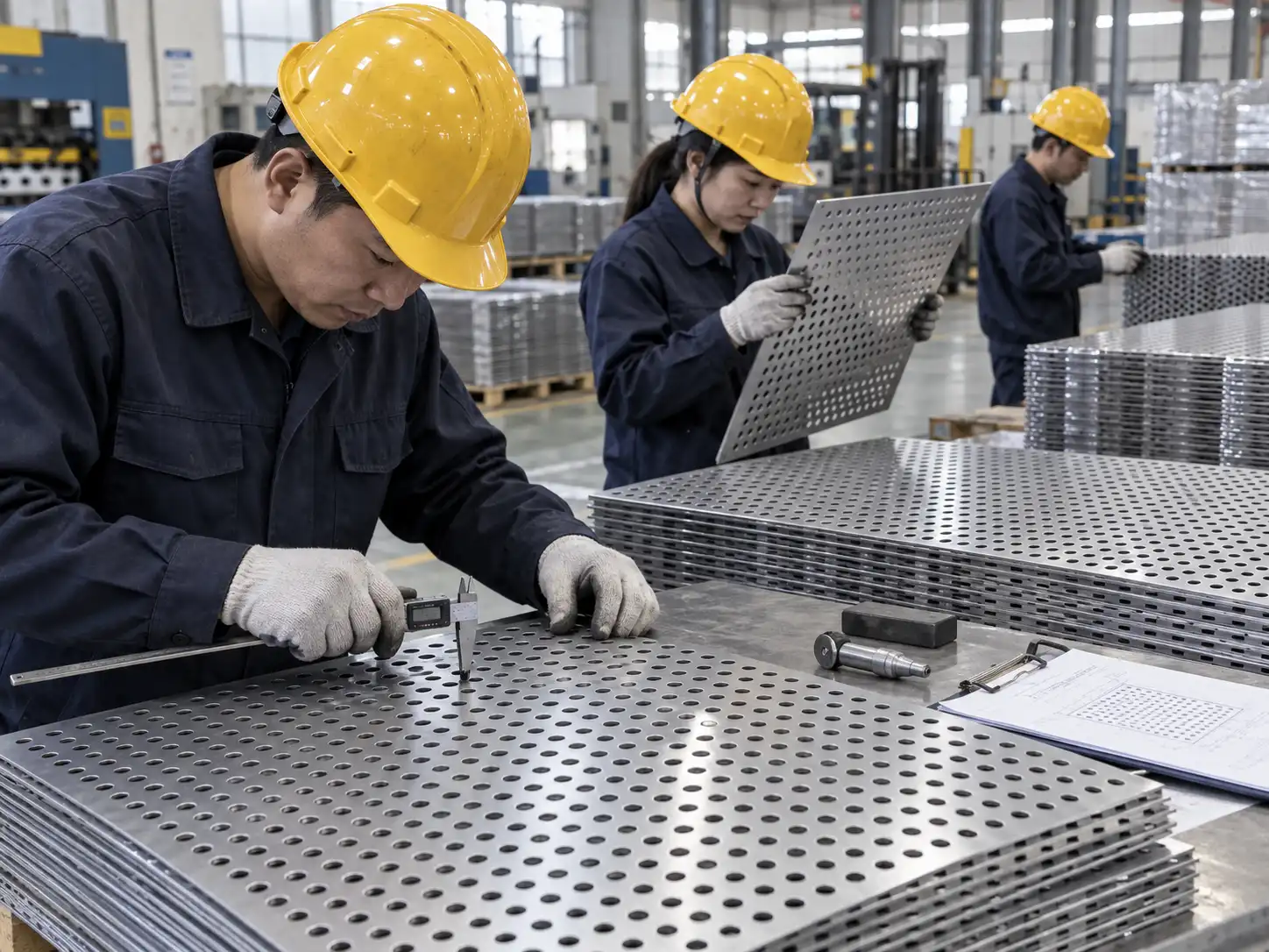 Round Hole Perforated Metal Quality Inspection Round hole perforated metal sheets being inspected for hole diameter, spacing, dimensions and surface quality before packing