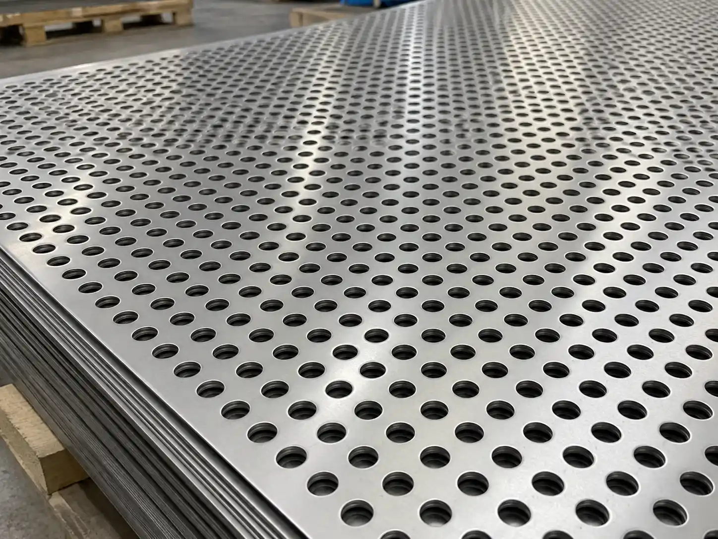Round hole perforated metal sheet with evenly spaced openings for ventilation, screening and filtration