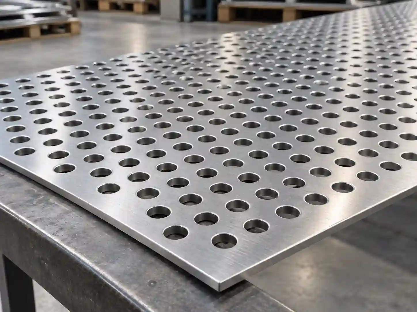 Stainless steel perforated metal sheet with evenly spaced round hole pattern