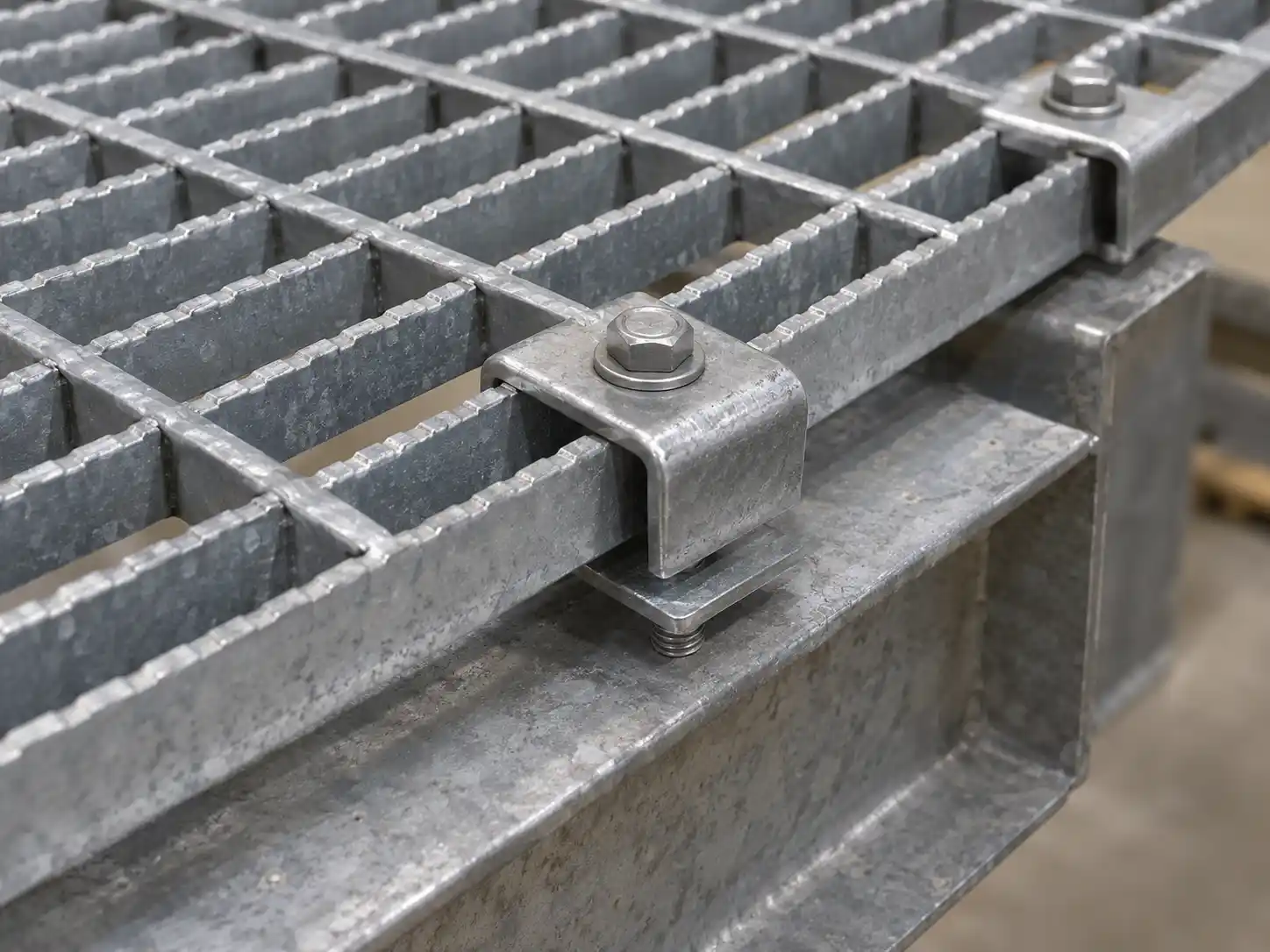 Saddle Clips for Bar Grating Galvanized saddle clip with bolt and lower plate fastening bar grating to a steel support structure