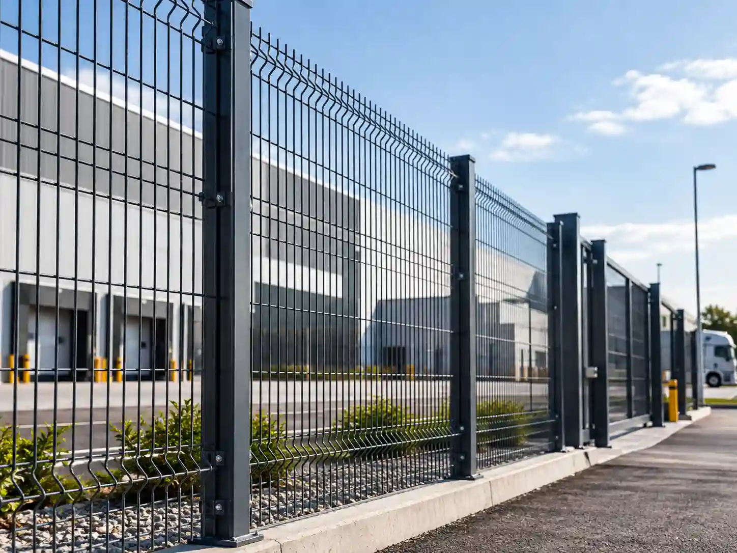 Metal security fence installed around a modern industrial facility