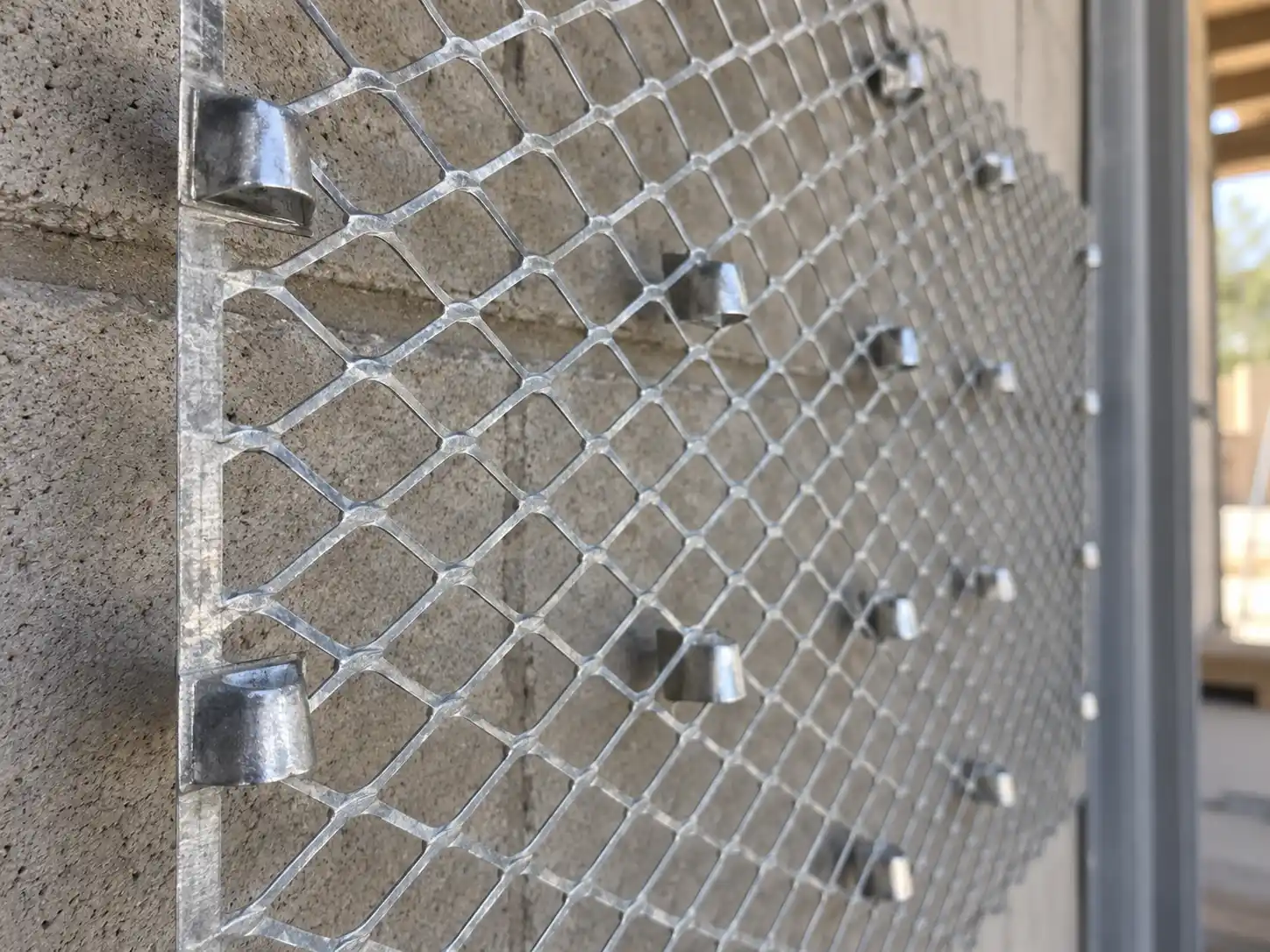 Close-up of self-furring expanded metal lath with formed dimples creating space between the mesh and substrate