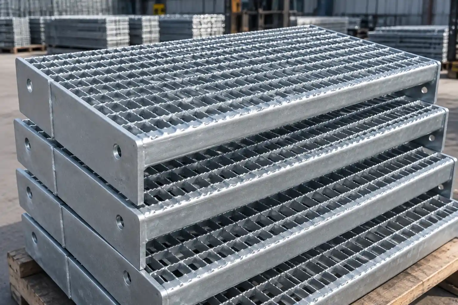 Serrated bar grating stair treads with anti-slip bearing bar surfaces for wet, outdoor and demanding industrial stairs