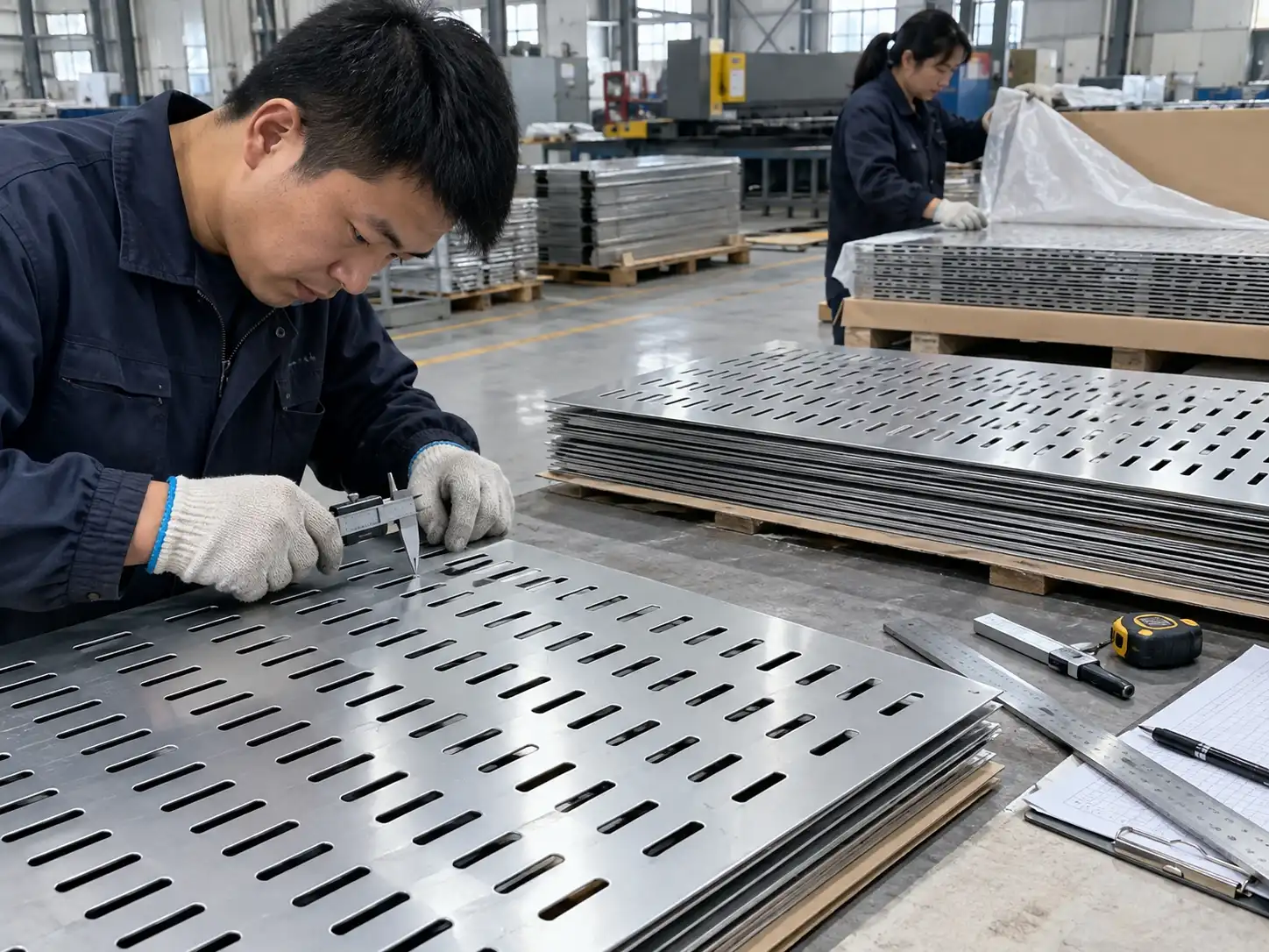 Slotted perforated metal sheets being inspected for slot dimensions, spacing and surface quality before packing