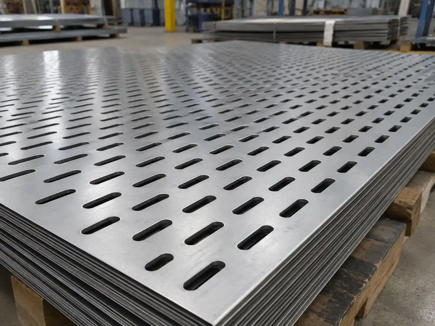 Slotted perforated metal sheet with elongated openings for directional airflow and screening applications