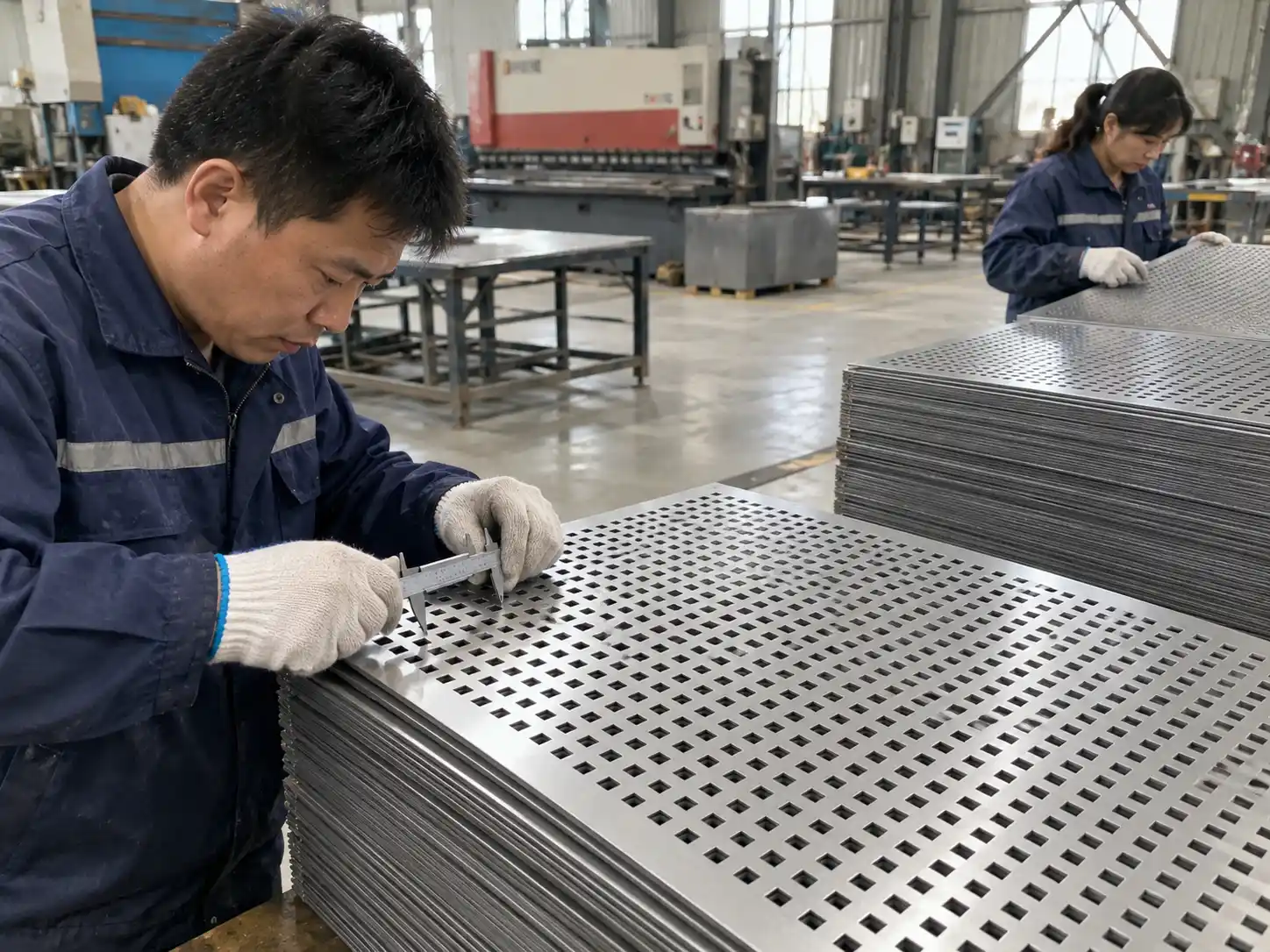 Square Perforated Metal Quality Inspection Square perforated metal sheets being inspected for hole size, spacing, dimensions and surface quality before packing
