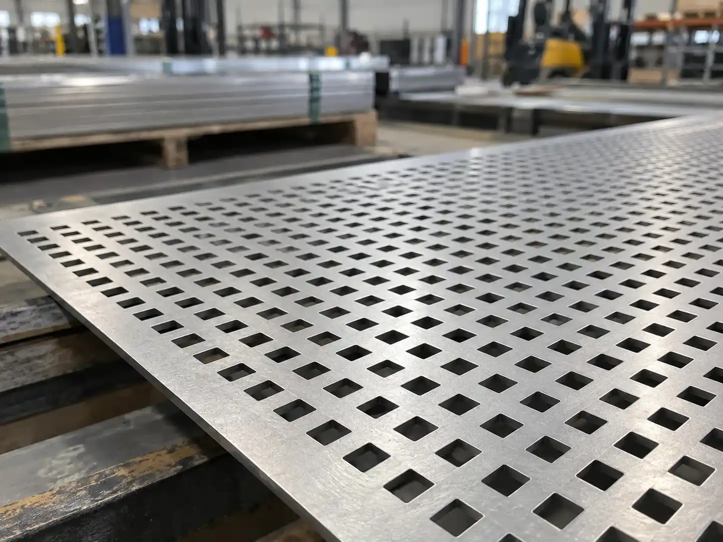 Square perforated metal sheet with uniform geometric openings for industrial and architectural applications