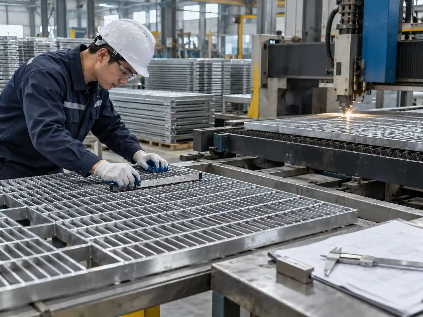 Stainless Steel Bar Grating Fabrication and Quality Control Asian factory worker inspecting stainless steel bar grating during machine fabrication and quality control