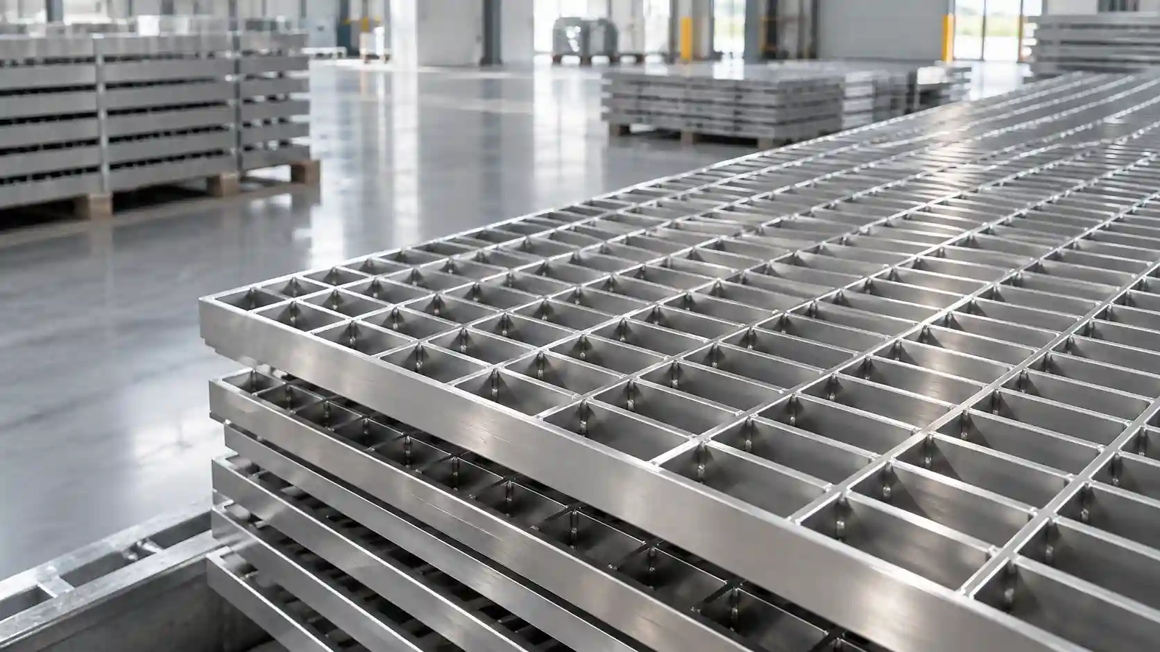 Stainless Steel Bar Grating Supplier Stainless steel bar grating panels in a modern industrial warehouse