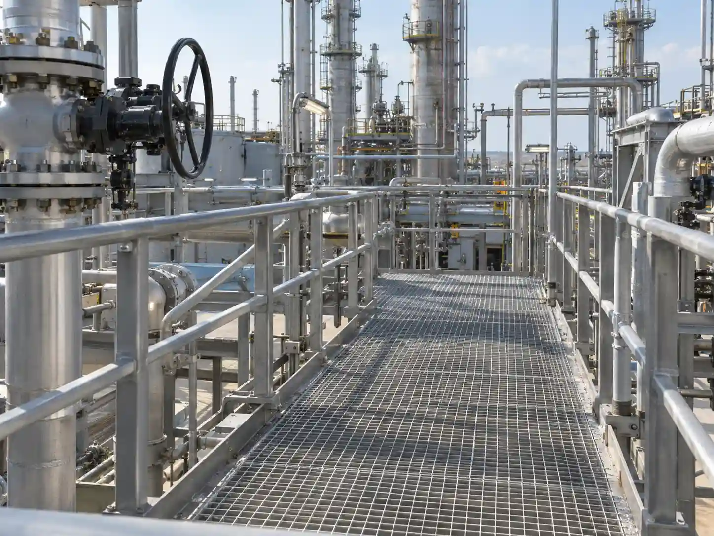 Stainless Steel Bar Grating for Oil and Gas Processing Stainless steel bar grating platform used in an oil and gas processing plant