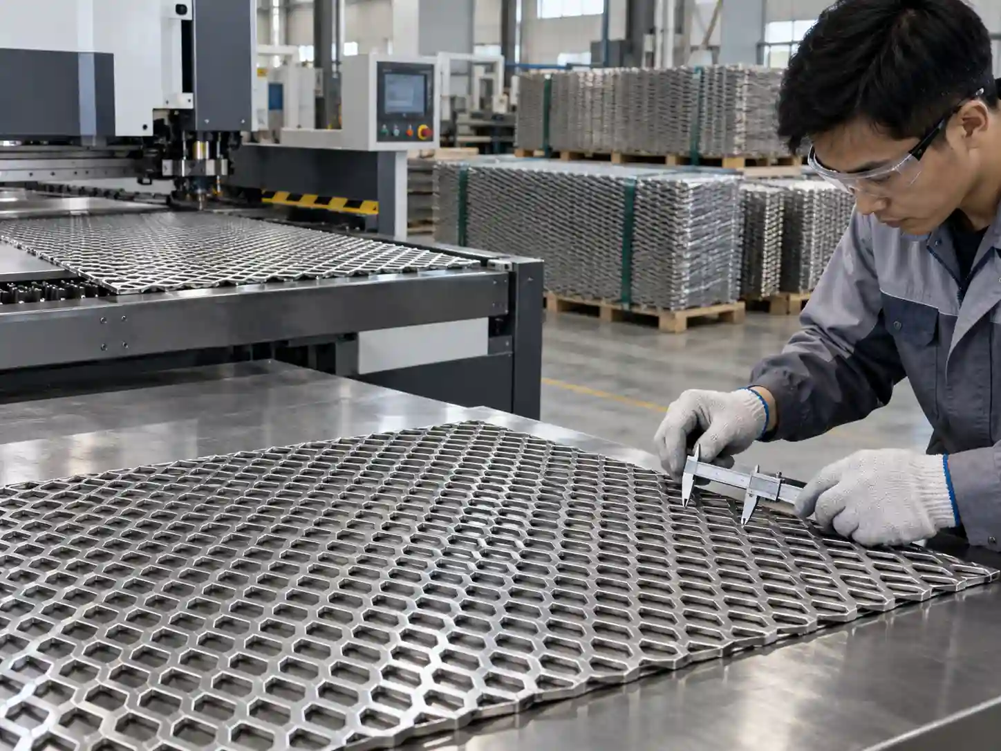 Stainless Steel Expanded Metal Quality Inspection Asian factory worker inspecting stainless steel expanded metal with a caliper during quality control