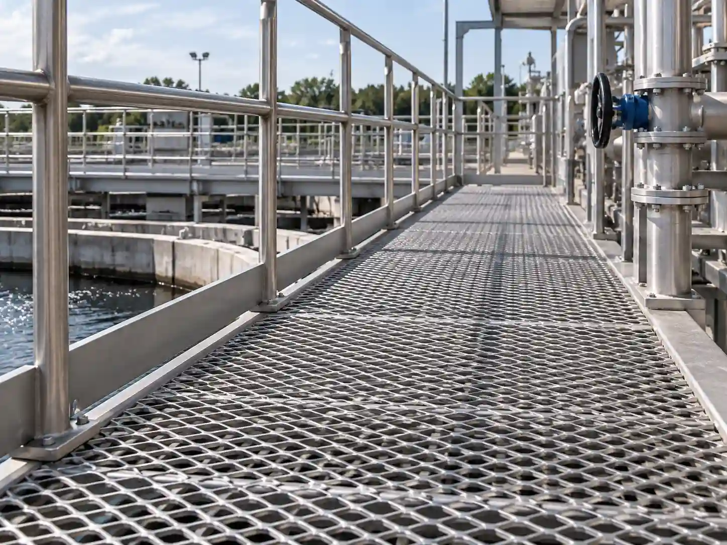Stainless Steel Expanded Metal Walkway Stainless steel expanded metal walkway platform in an industrial processing facility